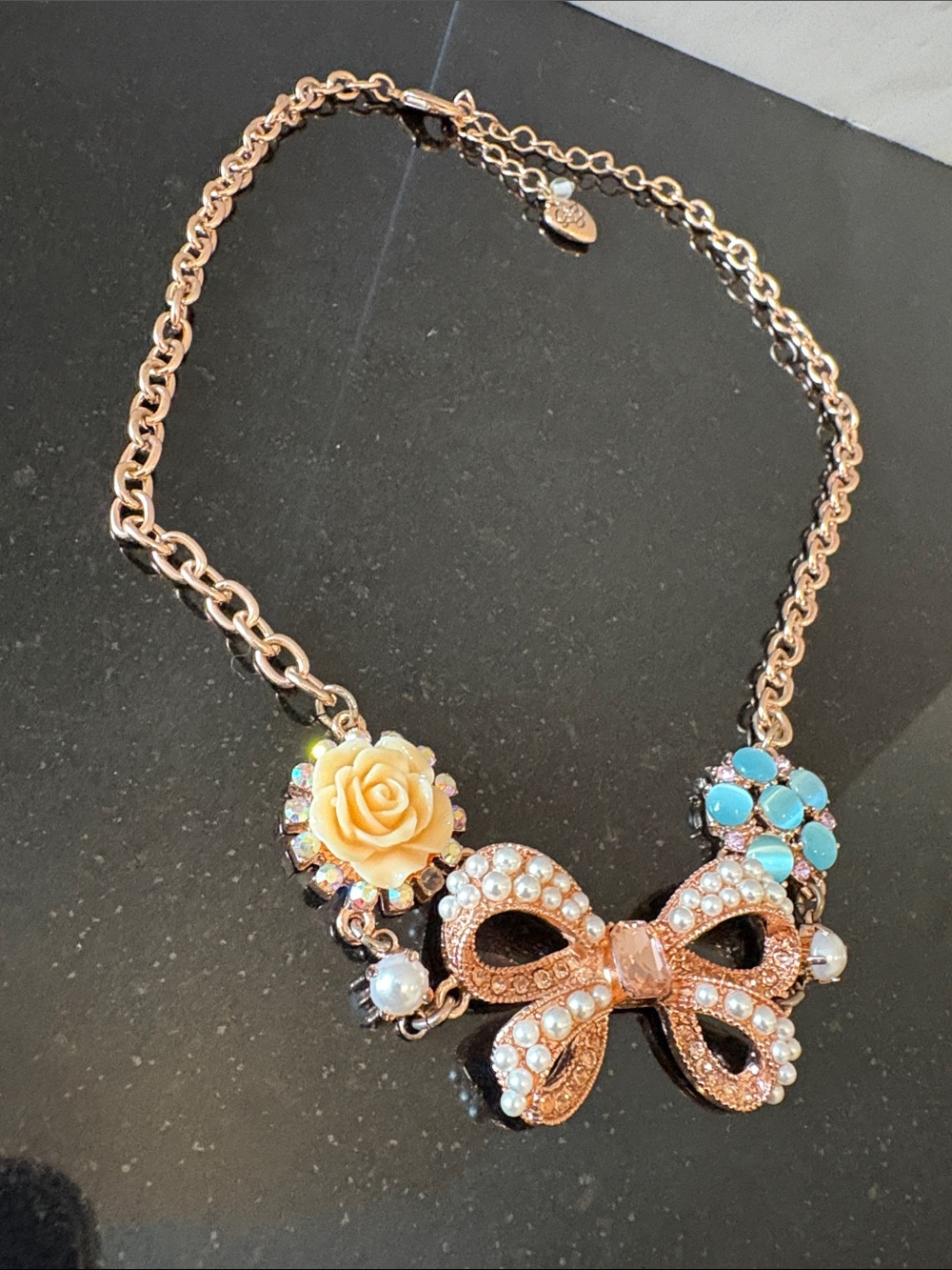 Gold-Tone Bow & Floral Statement Necklace - Yellow & Turquoise - Picture 2 of 6